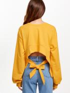 Romwe Yellow Split Sleeve Bow Tie Crop Back Sweatshirt