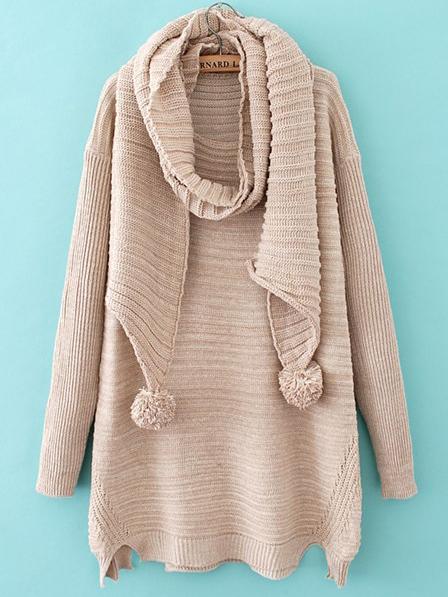 Romwe Dropped Shoulder Seam Split Apricot Sweater Dress With Pom Pom Scarf