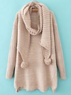 Romwe Dropped Shoulder Seam Split Apricot Sweater Dress With Pom Pom Scarf