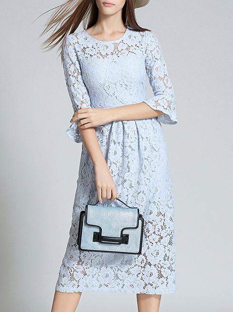 Romwe Blue Bell Sleeve A-line Lace Dress