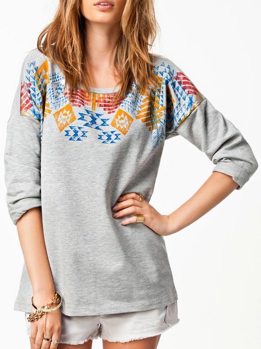 Romwe Grey Round Neck Geometric Print Loose T-shirt