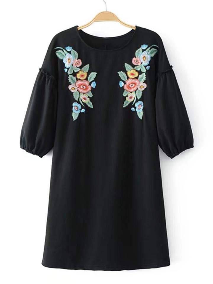 Romwe Embroidery Flower Frill Detail Dress