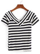 Romwe Double V-neck Striped T-shirt