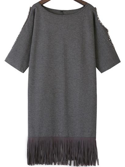 Romwe Open Shoulder Bead Tassel Grey Dress