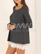 Romwe Grey Round Neck With Lace T-shirt