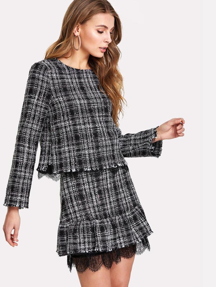 Romwe Lace Trim Fringe Detail Tweed Top