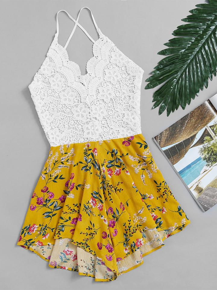 Romwe Lace Panel Floral Print Criss Cross Backless Romper