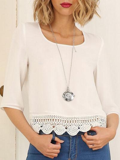 Romwe Half Sleeve Open Back Crochet Blouse