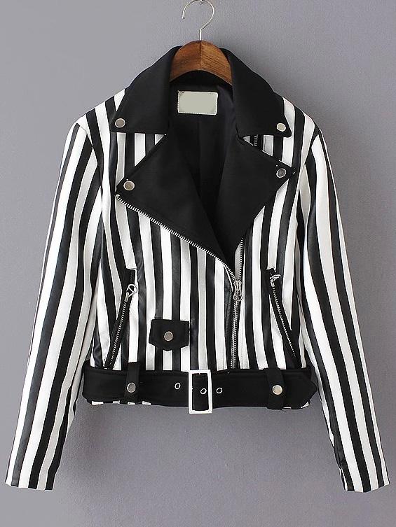 Romwe Vertical Striped Zipper Belt Jacket