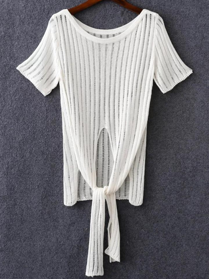 Romwe White Round Neck Self Tie Slim T-shirt