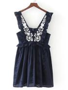 Romwe Frill Trim Embroidered Hollow Out Dress