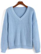 Romwe V Neck Loose Blue Sweater