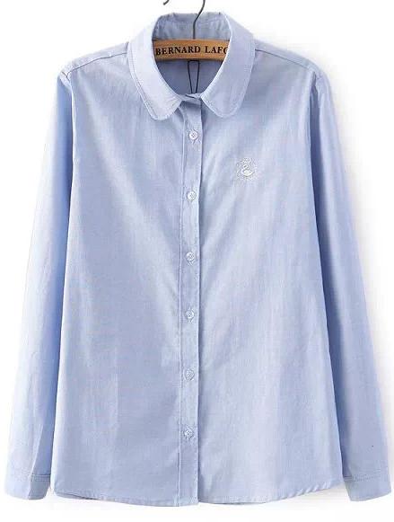 Romwe Lapel With Buttons Embroidered Blue Blouse