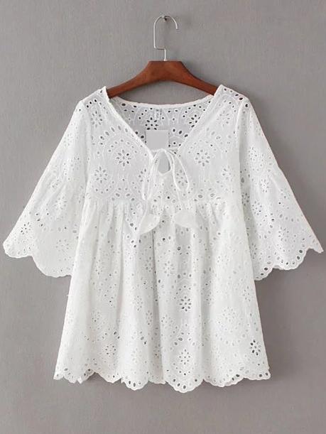 Romwe White Bell Sleeve Self Tie Front Scallop Edge Hollow Blouse