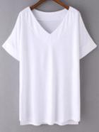 Romwe White V Neck Dip Hem Short Sleeve Casual T-shirt