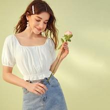 Romwe Button Front Ruffle Hem Crop Blouse