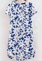 Romwe Blue Short Sleeve Floral Asymmetrical Dress