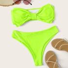 Romwe Neon Green Bow Decor Bandeau Bikini Set