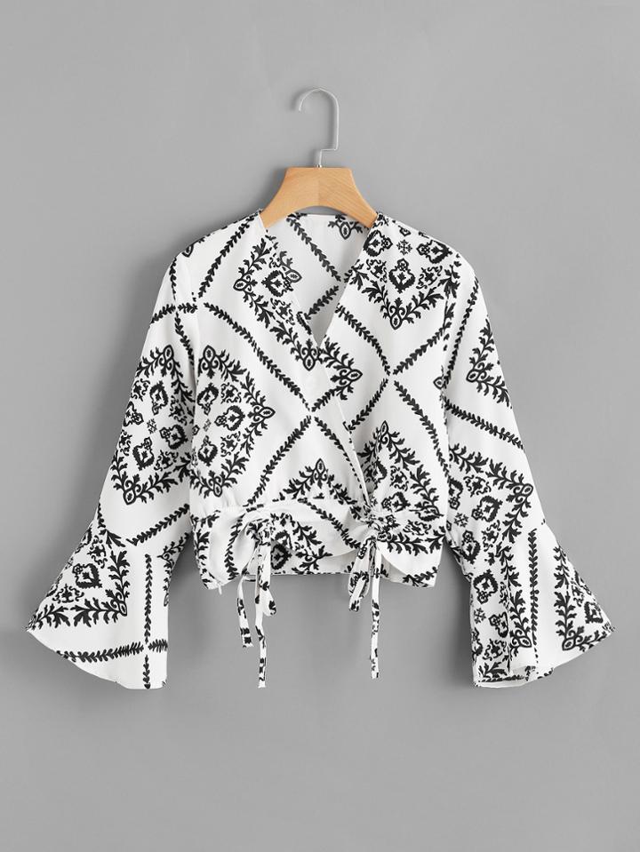 Romwe Fluted Sleeve Geo Print Wrap Top