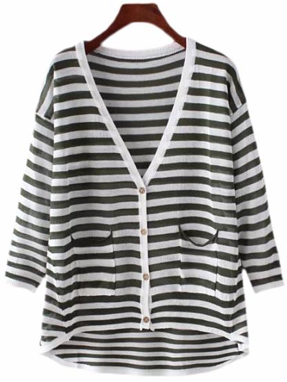 Romwe Green Pockets Buttons Stripe Cardigan Sweater