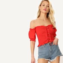 Romwe Lace-up Front Off Shoulder Frilled Smock Top