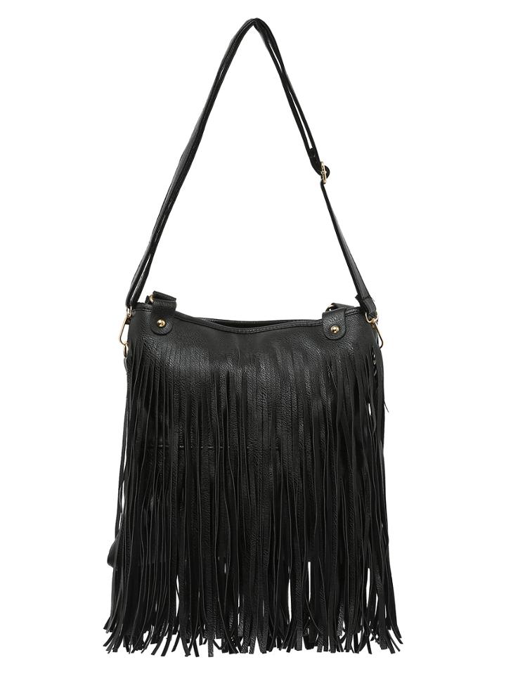 Romwe Fringe Gold Handle Shoulder Bag