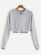 Romwe Grey Contrast Letter Print Trim Hooded Crop Sweatshirt