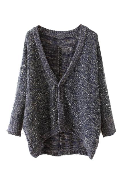 Romwe Asymmetric Sequined Navy Blue Cardigan