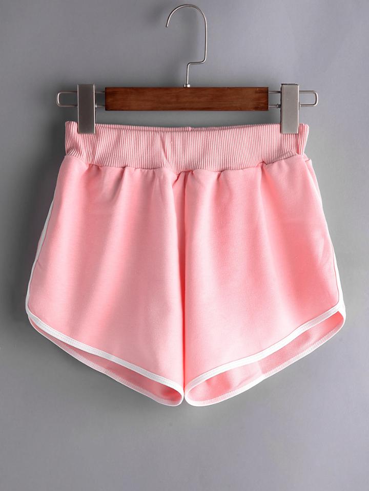 Romwe Pink Contrast Trim Elastic Waist Shorts