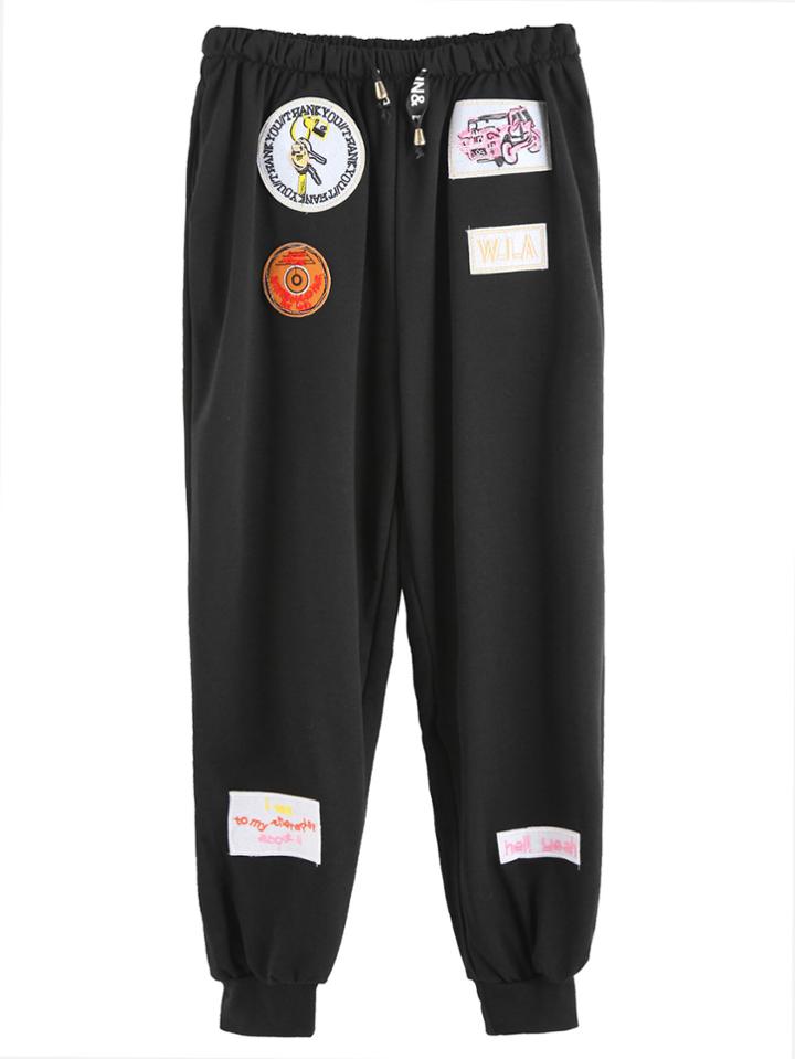 Romwe Black Embroidery Patches Drawstring Pants