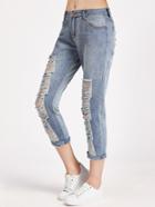 Romwe Blue Ripped Rolled Hem Cropped Jeans