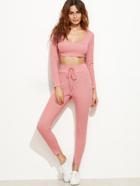 Romwe Crop Hooded Top With Drawstring Waist Pants