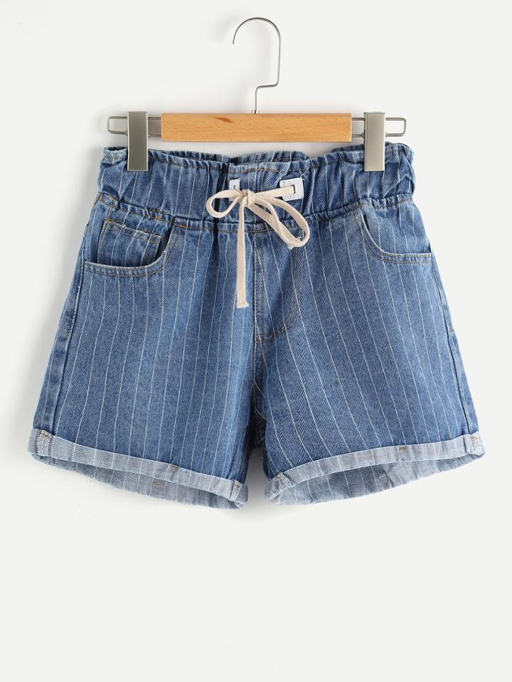 Romwe Striped Drawstring Cuffed Denim Shorts