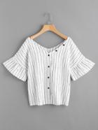 Romwe V Neckline Ruffle Sleeve Vertical Striped Blouse With Single Breasted