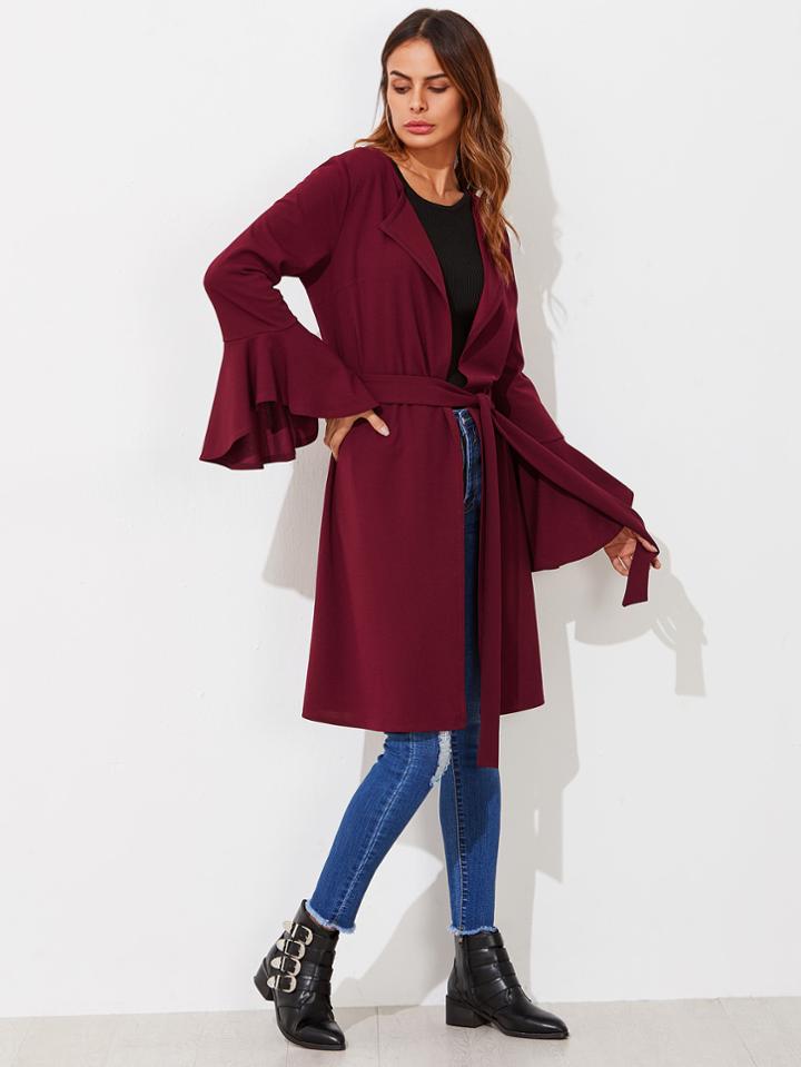 Romwe Drape Collar Bell Sleeve Belted Coat