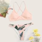 Romwe Crisscross Top With Random Leaf Print Bikini Set