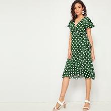 Romwe Polka Dot Ruffle Hem Tie Side Wrap Dress