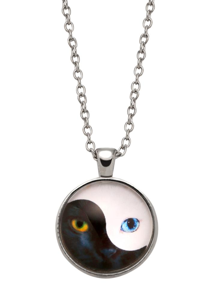 Romwe Silver Yin Yang Print Glass Pendant Necklace