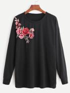 Romwe Black Flower Embroidered Patch Sweatshirt