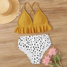 Romwe Crisscross Back Ruffle Top With High Waist Bikini