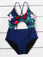 Romwe Tropical Print Contrast Cutout Cross Back One-piece Swimwear