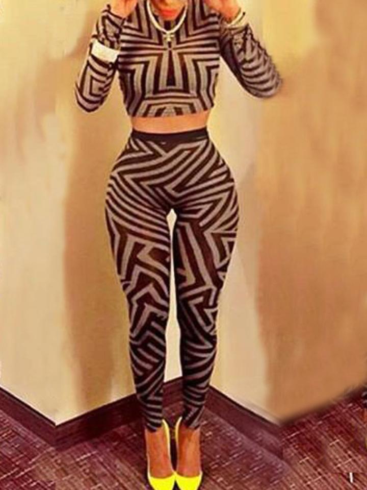 Romwe Long Sleeve Geometric Print Crop Top With Sheath Pant