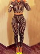 Romwe Long Sleeve Geometric Print Crop Top With Sheath Pant