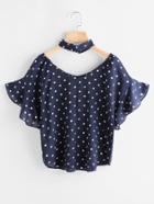 Romwe Polka Dot Frill Trim Top With Choker