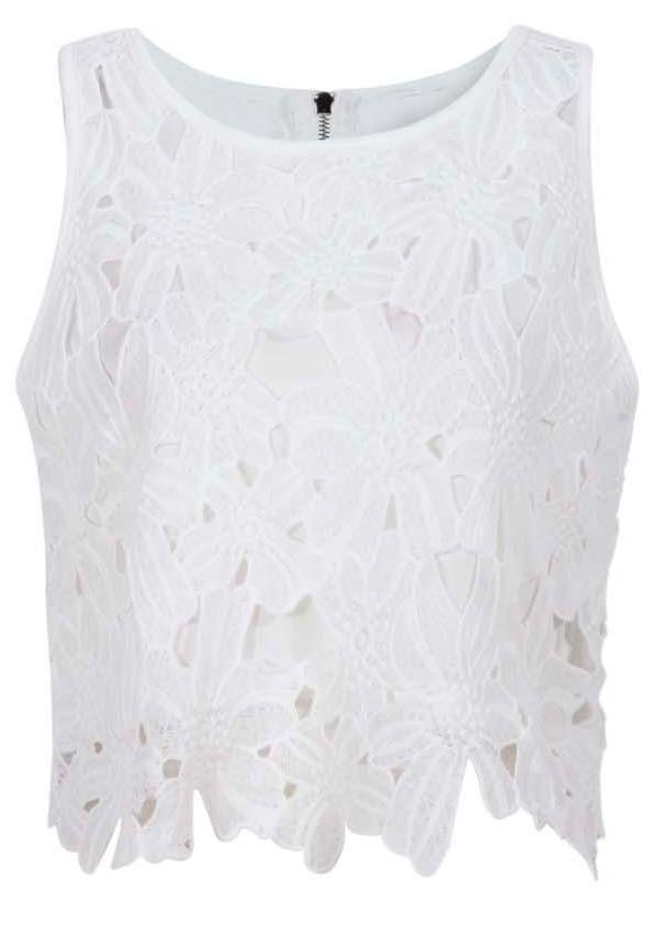 Romwe Sleeveless Hollow Lace White Tank Top