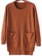 Romwe Dip Hem Split Side Khaki Jersey Knitwear With Pockets