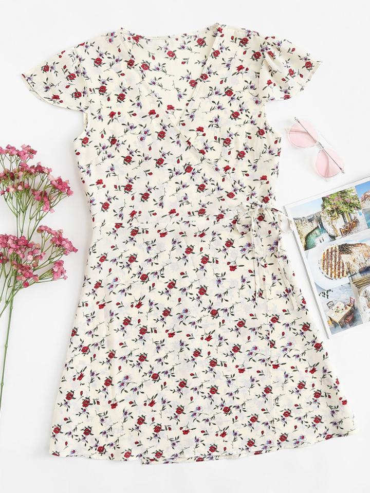 Romwe Calico Print Knot Side Wrap Dress
