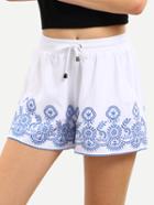 Romwe White Embroidered Drawstring Waist Shorts
