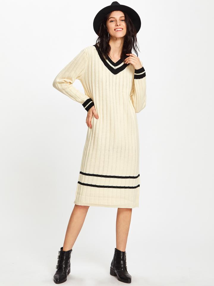 Romwe Striped Trim V Cut Ribbed Knit Sweater Dress