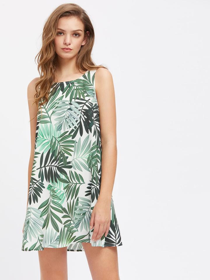 Romwe Leaf Print Self Tie Keyhole Back Dress